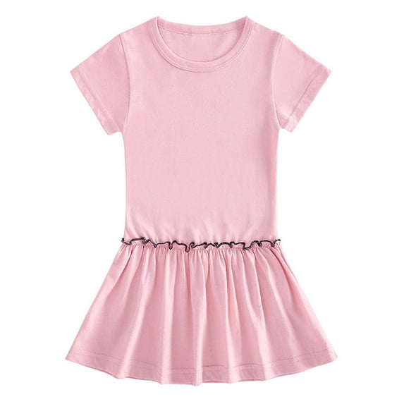 Ugoldhm Girls Short Sleeve Dresses Summer Crew Neck Pleated Solid Cotton A-Line Casual Dress 1-10 Years