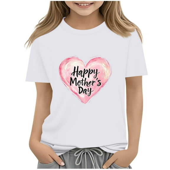 Ugoldhm Girls Short Sleeve T-Shirts Mother's Day Crewneck Casual Loose Summer Tee Tops 2-13 Years