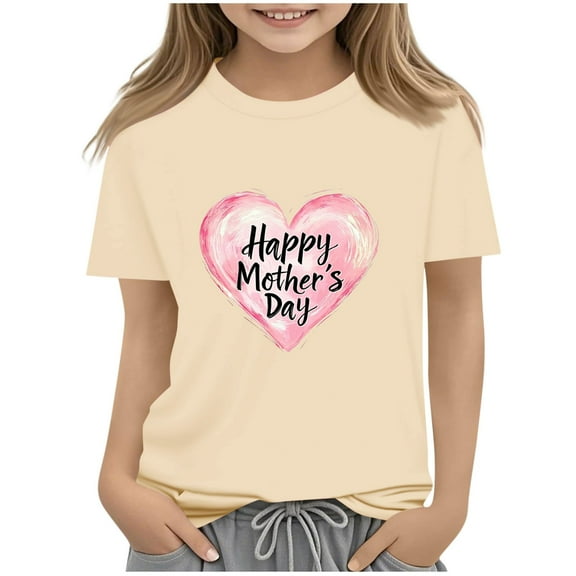 Ugoldhm Girls Short Sleeve T-Shirts Mother's Day Crewneck Casual Loose Summer Tee Tops 2-13 Years