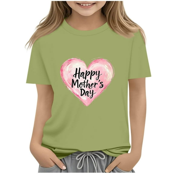 Ugoldhm Girls Short Sleeve T-Shirts Mother's Day Crewneck Casual Loose Summer Tee Tops 2-13 Years