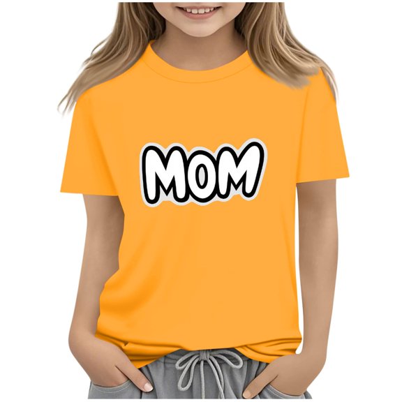 Ugoldhm Girls Short Sleeve T-Shirts Mother's Day Crewneck Casual Loose Summer Tee Tops 2-13 Years