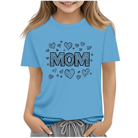 Ugoldhm Girls Short Sleeve T-Shirts Mother's Day Crewneck Casual Loose Summer Tee Tops 2-13 Years