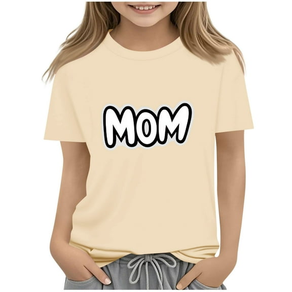 Ugoldhm Girls Short Sleeve T-Shirts Mother's Day Crewneck Casual Loose Summer Tee Tops 2-13 Years