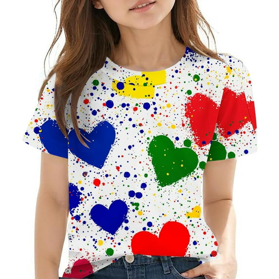 Ugoldhm Girls Short Sleeve Tops Lightweight Cute Print Summer Tees Crew Neck Casual T-Shirts Kids Clothing Size 3-14