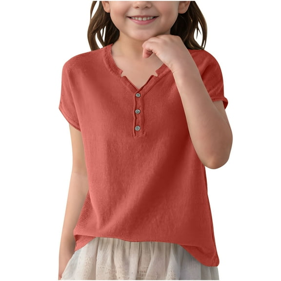 Ugoldhm Girls Short Sleeve Tops V Neck Button Henly Shirt Plain Casual Comfy Tees for 6-15 Years