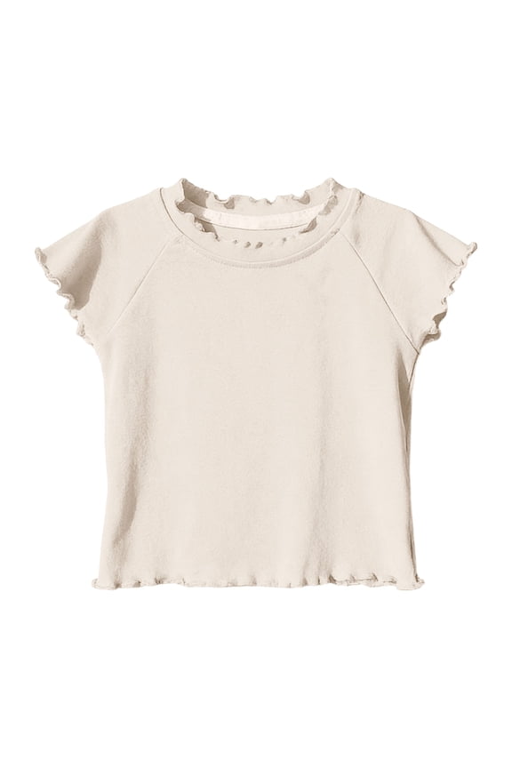 Girls' Soft Cotton Ruffle Trim Crop Top Raglan Short Sleeve Lettuce Edge Crew Neck Tee for Summer 12Months-9Years