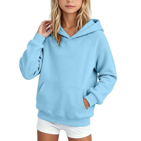 Ugoldhm Girls Solid Hooded Sweatshirt, Long Sleeve Kangaroo Pocket Loose Casual Pullover Hoodie for Kids