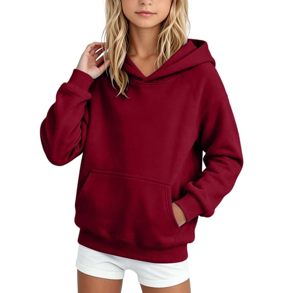 Ugoldhm Girls Solid Hooded Sweatshirt, Long Sleeve Kangaroo Pocket Loose Casual Pullover Hoodie for Kids