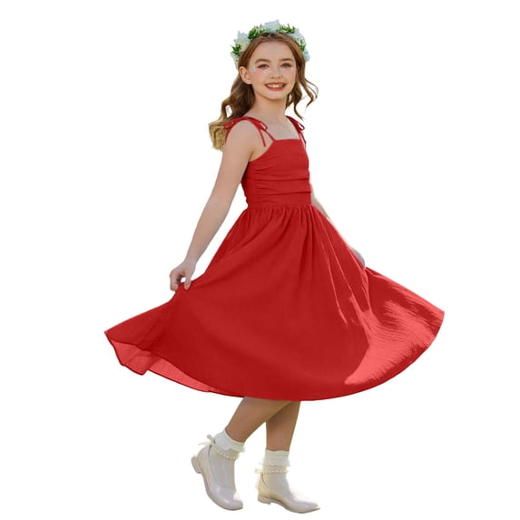 Ugoldhm Girls Spaghetti Strap Ruched Midi Dress - Tie Shoulder A-Line Party & Wedding Flower Girl Gown (4-15 Years)
