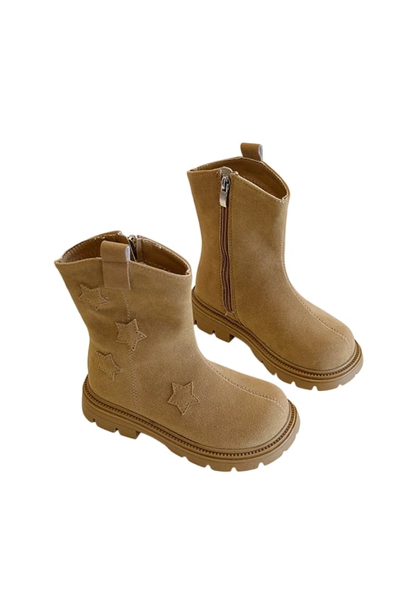 Girls Star Patch Ankle Boots, Chunky Heel Plush Lined Side Zipper Booties for Fall Winter