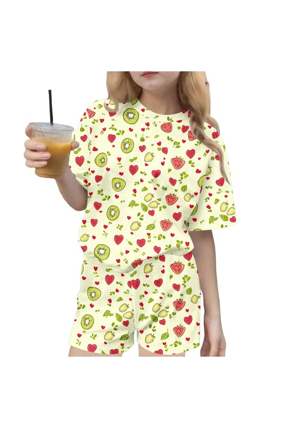 Girls' Summer 2-Piece Set, Short Sleeve T-Shirt and Shorts, 3-15 Years Clothes, Flower Fruit Print