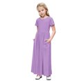 thumbnail image 1 of Ugoldhm Girls Summer Boho Dresses Pleated Long Crew Neck Short Sleeve Solid Color Casual T-Shirt Dress Size 4-14, 1 of 8
