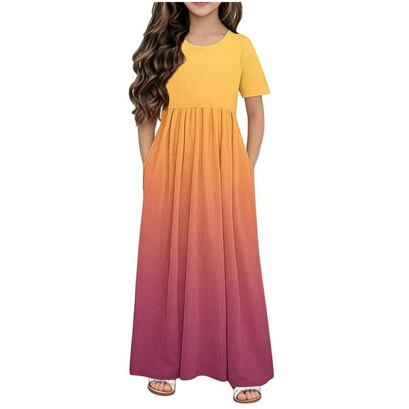 Ugoldhm Girls Summer Casual Sundress - Crew Neck Short Sleeve Gradient Print Long Dress with Pockets, Size 4-14