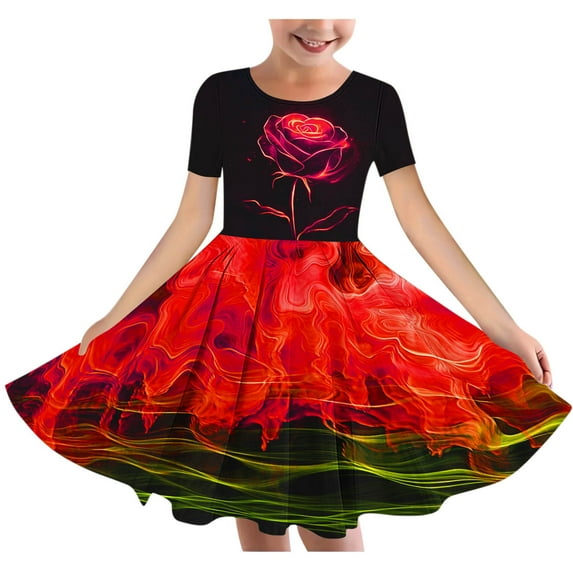 Ugoldhm Girls Summer Crew Neck Midi Dresses Short Sleeve Tea-Length Dancewear A-Line Dress Size 4-14
