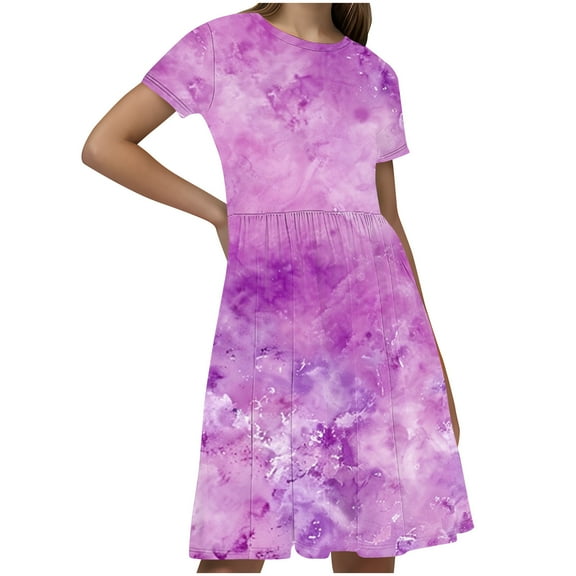 Ugoldhm Girls Summer Dresses Tea-Length Pleated A-Line Short Sleeve Crew Neck Casual Dress 4-14 Years