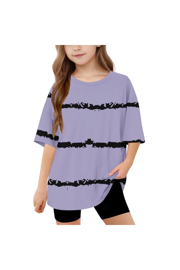 Girls Summer Fashion Shirts Striped Loose Casual Short Sleeve Tees Size 5-15