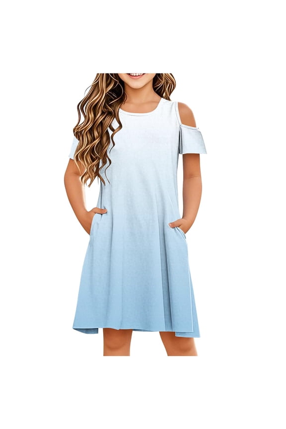 Girls' Summer Gradient Print Cold Shoulder Sundress Short Sleeve, Crew Neck, Fit & Flare Style for 3-14 Years