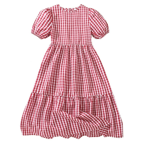 Ugoldhm Girls Summer Puff Sleeve Dresses Cotton Crew Neck Tiered Swing A-Line Tea-Length Casual Dress 8-13 Years
