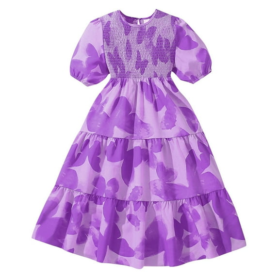 Ugoldhm Girls Summer Puff Sleeve Dresses Crew Neck Tiered Swing A-Line Cotton Tea-Length Casual Dress 8-13 Years