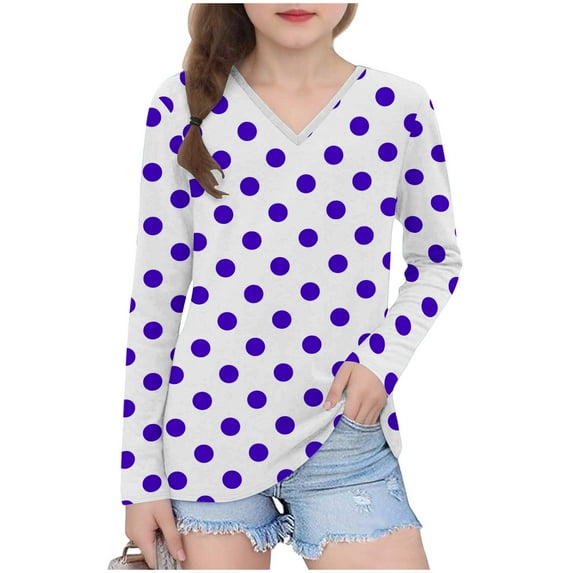 Ugoldhm Girls Tees Polka Dot V Neck Tunic Fashion Tops Fall Long Sleeve Shirts Sizes 3-13