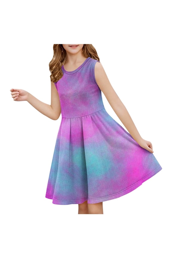 Girls Tie Dye Dresses Summer Swing Sleeveless Sundress Casual Boho Beach Dress 3-14 Years