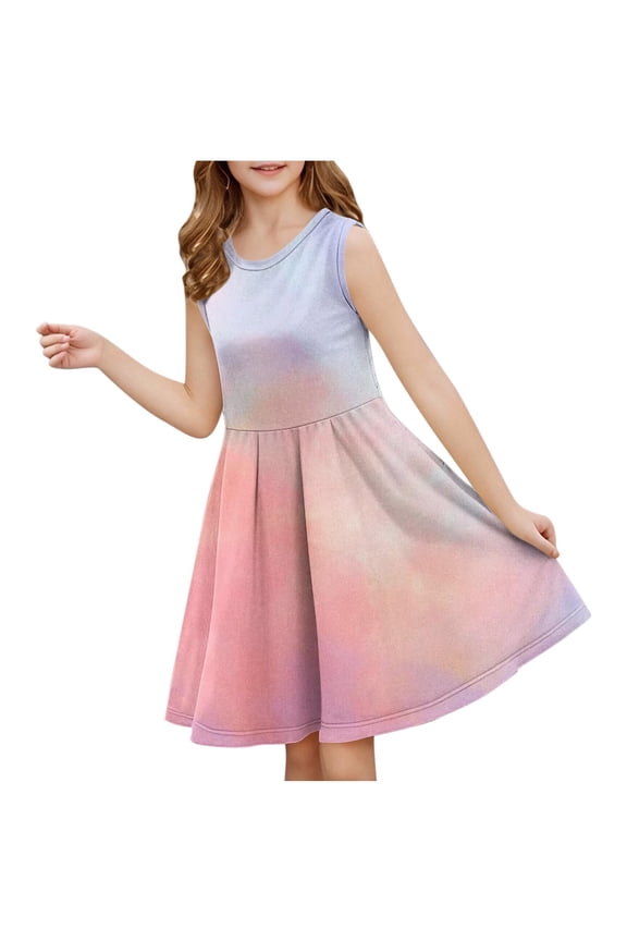 Girls Tie Dye Dresses Summer Swing Sleeveless Sundress Casual Boho Beach Dress 3-14 Years