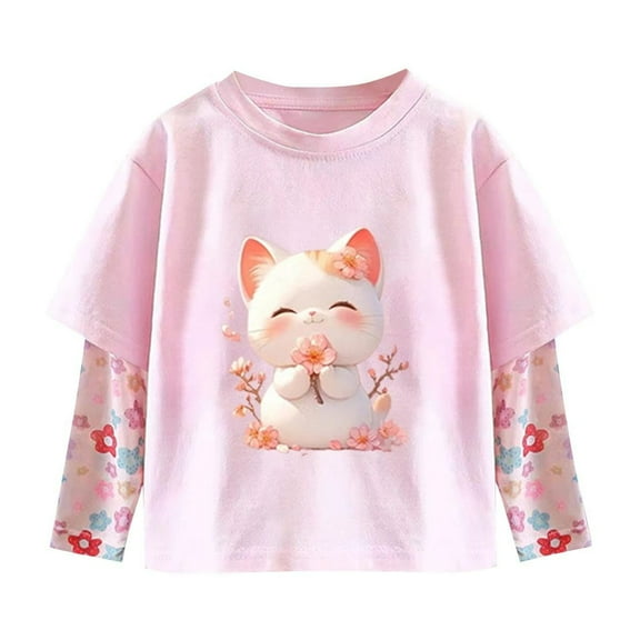 Ugoldhm Girls Tops Crewneck Fake Two Piece Long Sleeve Shirts Fall Fashion Tees 2-11 Years