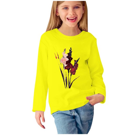 Ugoldhm Girls Tops Crewneck Fashion Floral Print Shirts Fall Long Sleeve Tees 3-13 Years