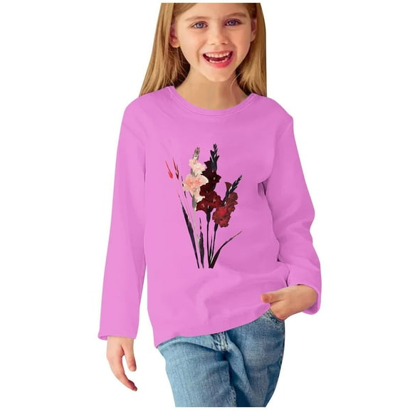 Ugoldhm Girls Tops Crewneck Fashion Floral Print Shirts Fall Long Sleeve Tees 3-13 Years