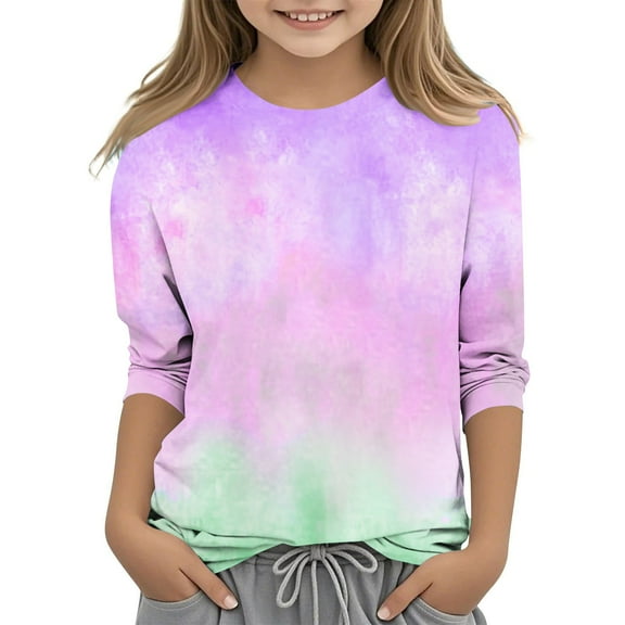 Ugoldhm Girls Tops Round Neck Fashion Tie Dye Tees Casual Spring Fall Undershirt Shirts