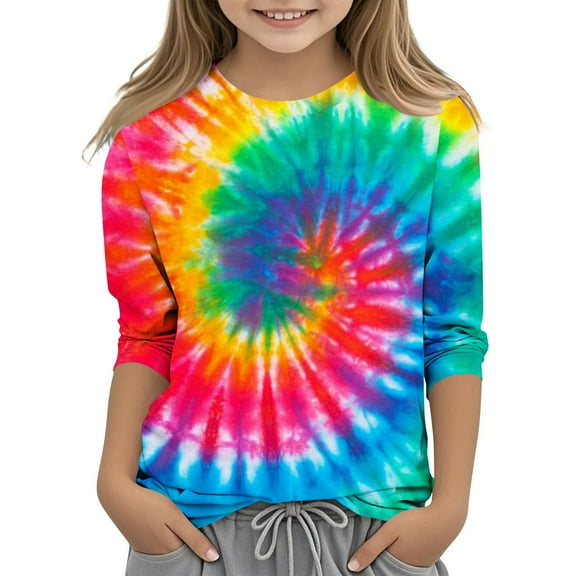 Ugoldhm Girls Tops Round Neck Fashion Tie Dye Tees Casual Spring Fall Undershirt Shirts