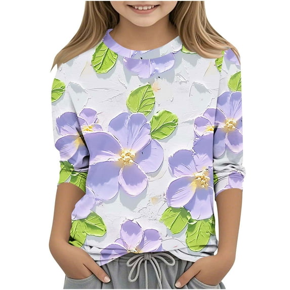 Ugoldhm Girls Tops Round Neck Flower 3D Printed Fashion Tees Kids Casual 3/4 Sleeves Shirts