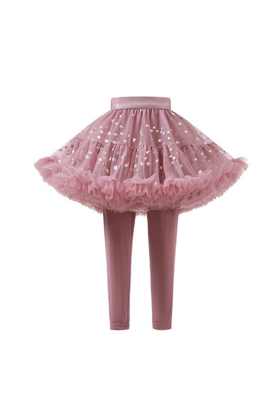 Girls Tutu Leggings with Sparkle Star - Footless Stretchy Ruffle Skirt Pants (1-10Y)