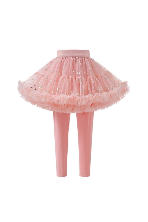 Girls Tutu Leggings with Sparkle Star - Footless Stretchy Ruffle Skirt Pants (1-10Y)