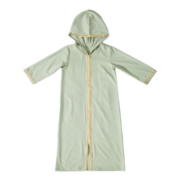 Ugoldhm Girls V-Neck Muslim Dress 2-13Y Cotton Long Sleeve Fall Casual Robe for Kids Modest Clothing