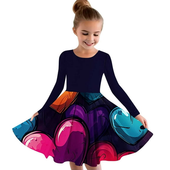 Ugoldhm Girls Valentines Lace Party Dress 4-14Y Fall Long Sleeve Crew Neck Fashion Outfit for Kids