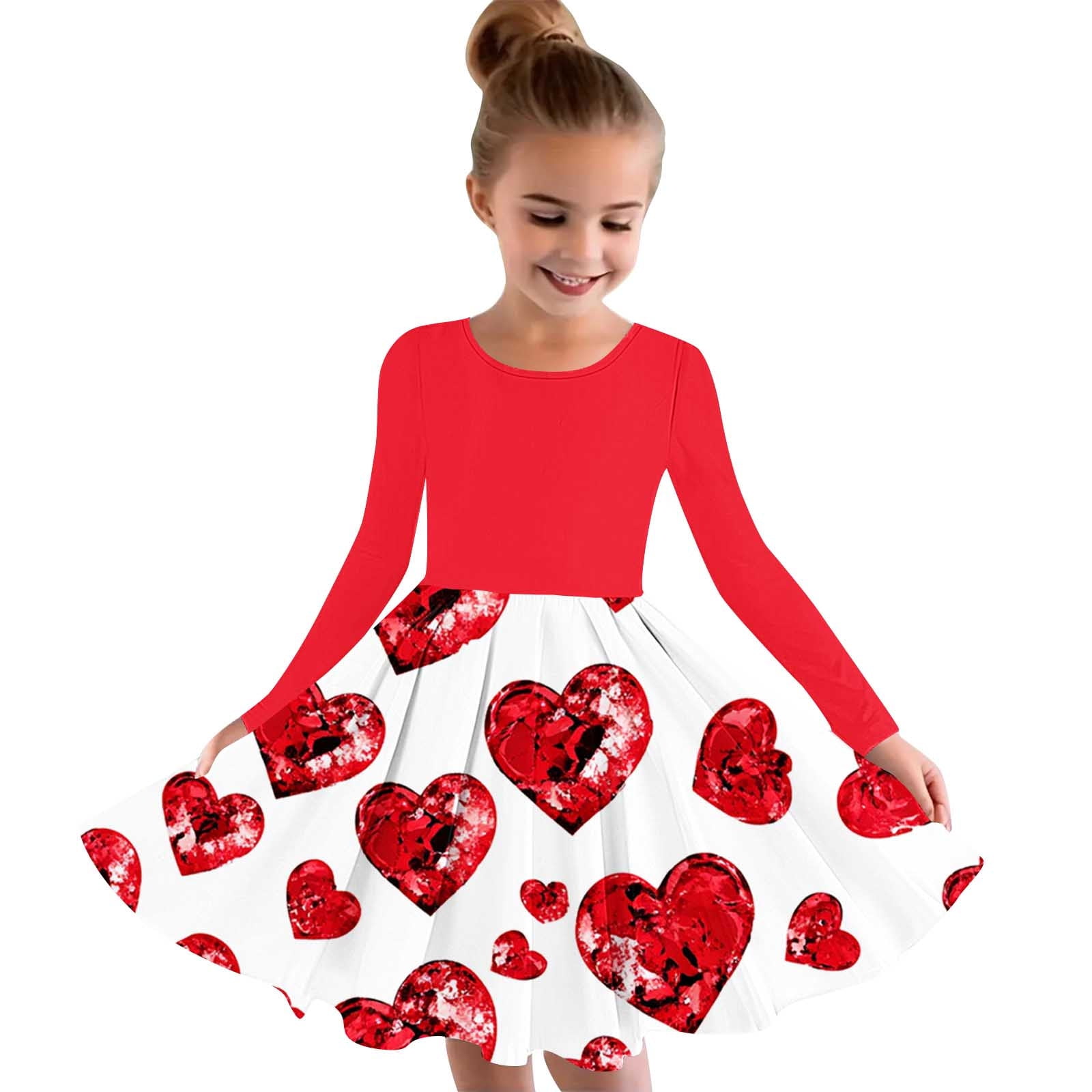 Ugoldhm Girls Valentines Lace Party Dress 4-14y Fall Long Sleeve Crew Neck Fashion Outfit for Kids, Girl's, Size: 9-10 Years, Red