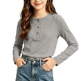 thumbnail image 1 of Ugoldhm Girls Waffle Knit Henley Long Sleeve Tops 3 Buttons Crew Neck Slim Fit Soft Casual Basic Tees, 1 of 5