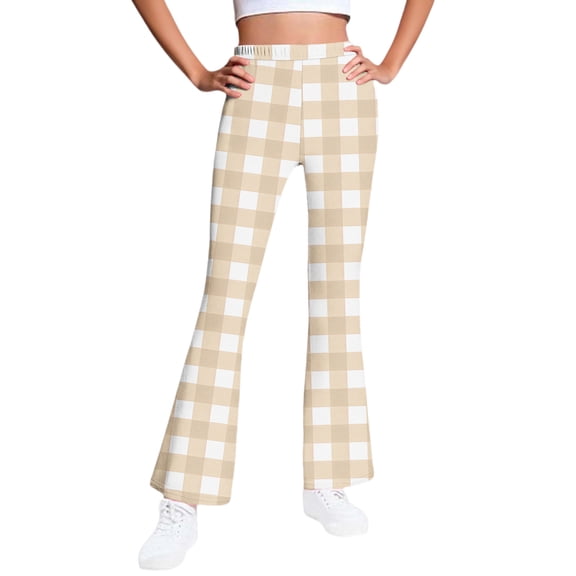 Ugoldhm Girls Winter Plaid Flare Pants - High Waist Bell Bottom Trousers with Fleece Lined (5-16Y)