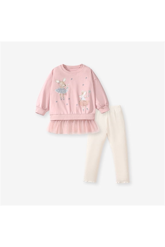 Kid Girls 2 Piece Set Printed Mesh Hem Sweatshirt Slim Fit Pant Fall Spring Fashion Outfits