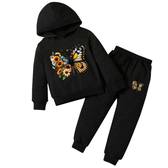 Ugoldhm Kid Girls Fall Outfit Set Printed Hooded Sweatshirt and Sweatpant Fashion Clothes Sizes 3-8