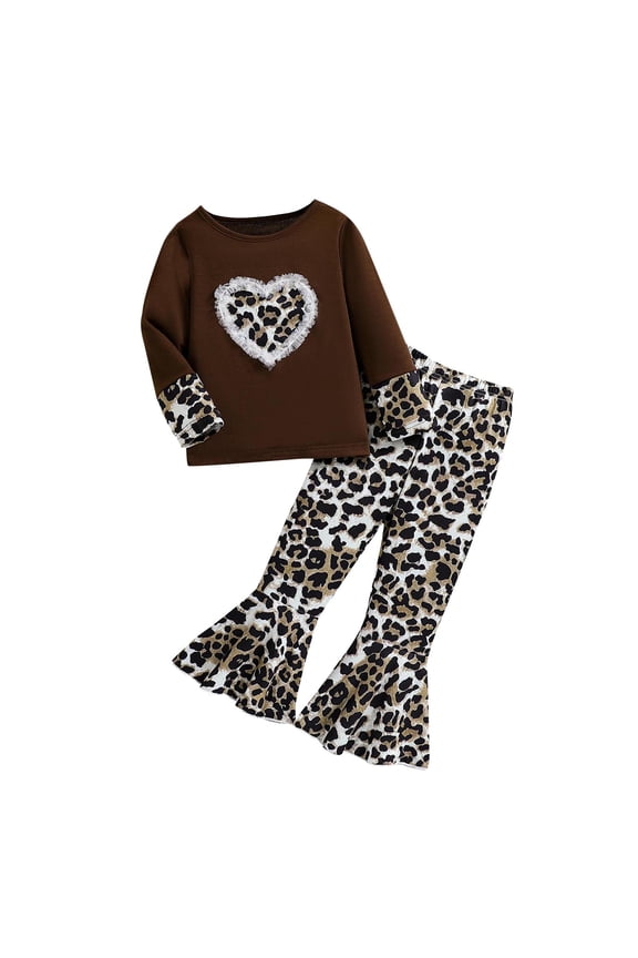 Kid Girls Fashion 2 Piece Set Leopard Print Long Sleeve Top Flare Pant Set Sizes 3-10