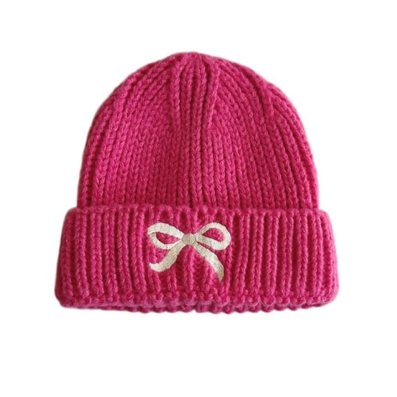 Ugoldhm Kid Girls Winter Knitted Hat - Cute Embroidered Bow Cuffed Warm Beanie, Cold Weather Warm