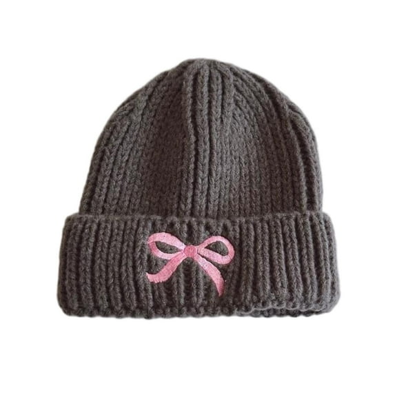 Ugoldhm Kid Girls Winter Knitted Hat - Cute Embroidered Bow Cuffed Warm Beanie, Cold Weather Warm