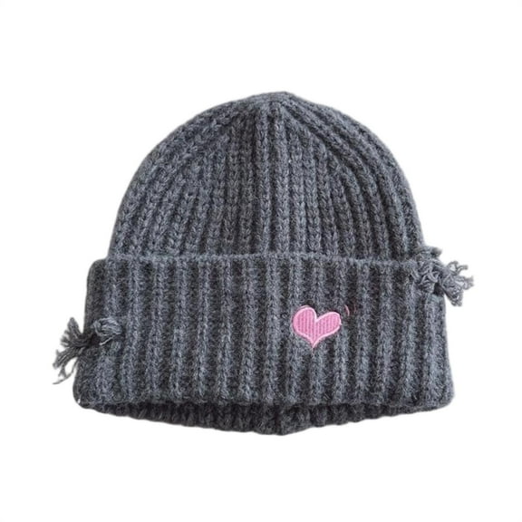 Ugoldhm Kid Girls Winter Knitted Hat - Cute Embroidered Love Heart Cuffed Warm Beanie, Cold Weather Warm