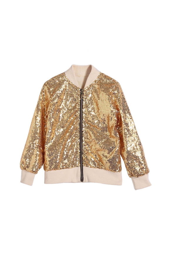 Kids Bomber Jacket Fashion Sequin Baseball Coat Glitter Zipper Outerwear Costume Dance Clothing