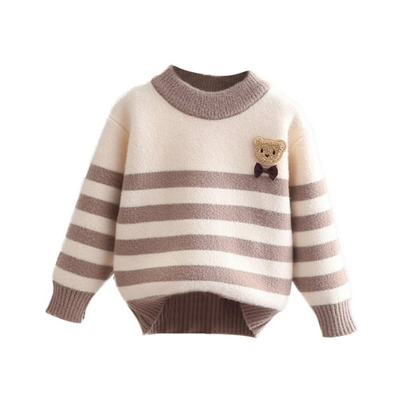 Ugoldhm Kids Cute Sweaters Strip Bear Embroidered Knitted Top Fall Long Sleeve Shirts Warm Winter Clothing