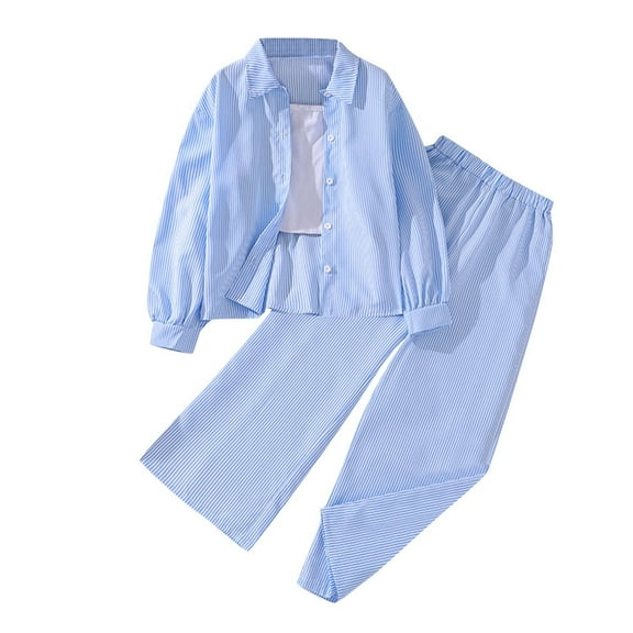 Ugoldhm Kids Outfit Set Button Down Shirt Wide Leg Pant Striped 2 Piece Set Fall Spring Clothes