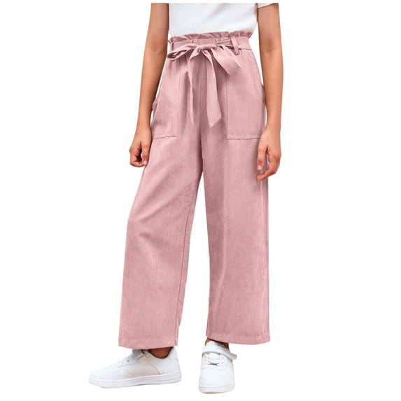 Ugoldhm Kids' Paperbag Waist Wide Leg Pants Tie Belt High Waist Pants with Pockets for Ages 4-13, Summer & Daily Wear