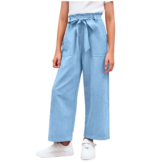 Ugoldhm Kids' Paperbag Waist Wide Leg Pants Tie Belt High Waist Pants with Pockets for Ages 4-13, Summer & Daily Wear
